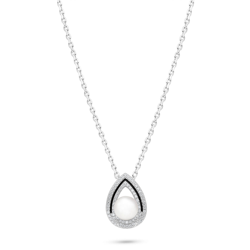 Sterling Silver 925 Necklace Rhodium Plated Embedded With Natural White Pearl And White Zircon