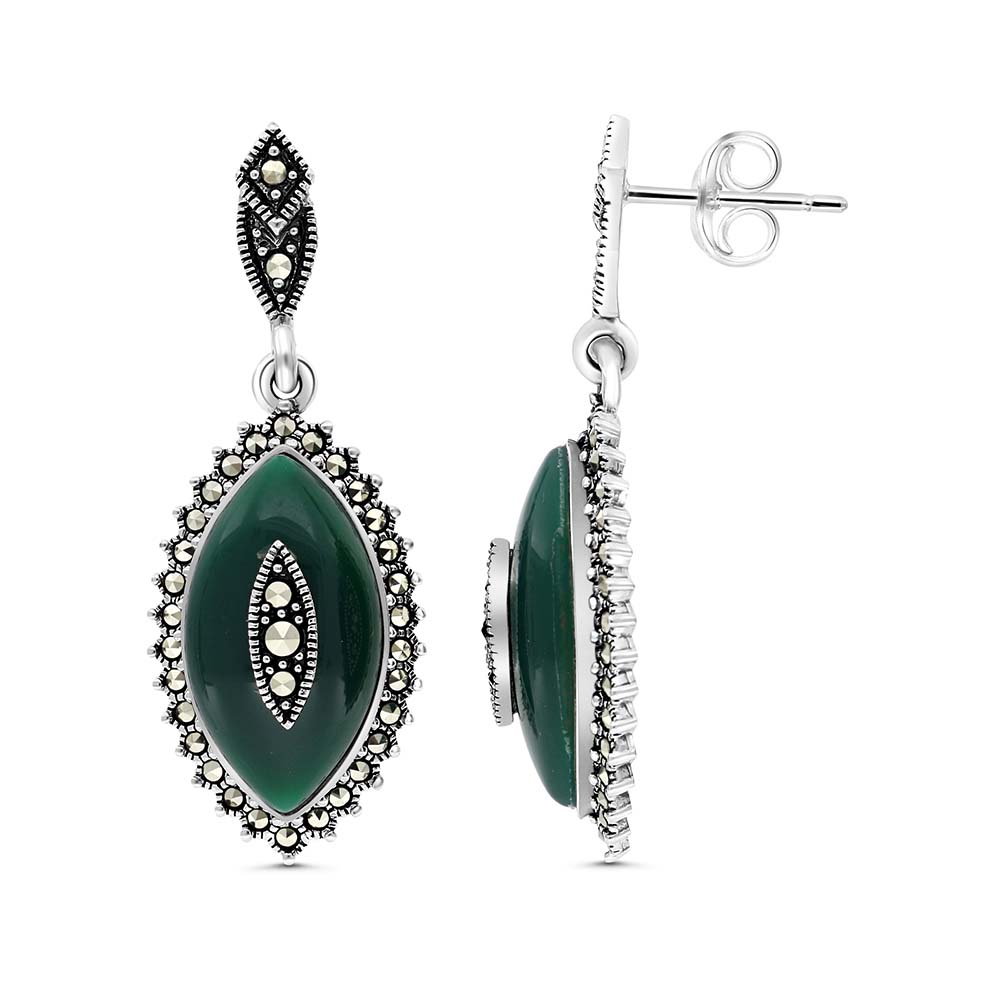 Sterling Silver 925 Earring Embedded With Natural Green Agate And Marcasite Stones
