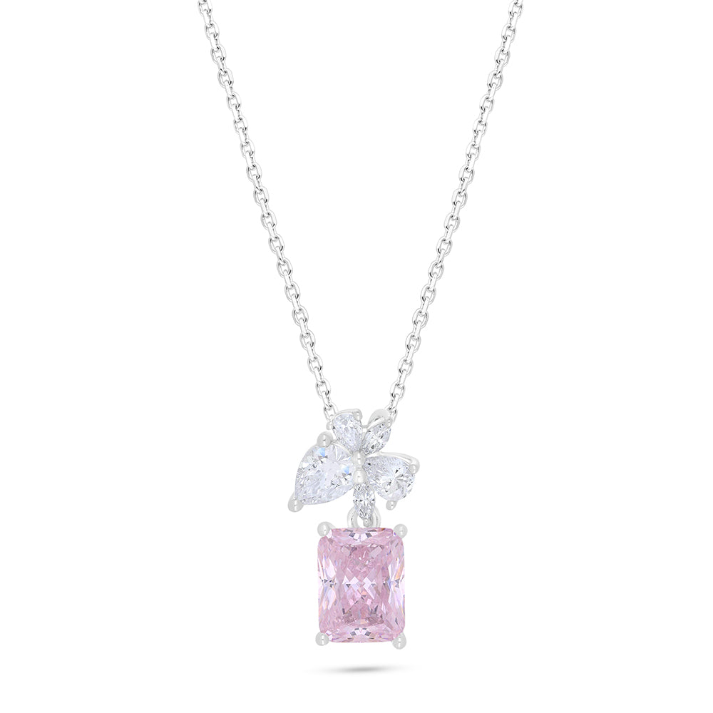 Sterling Silver 925 Necklace Rhodium Plated Embedded With pink Zircon And White Zircon