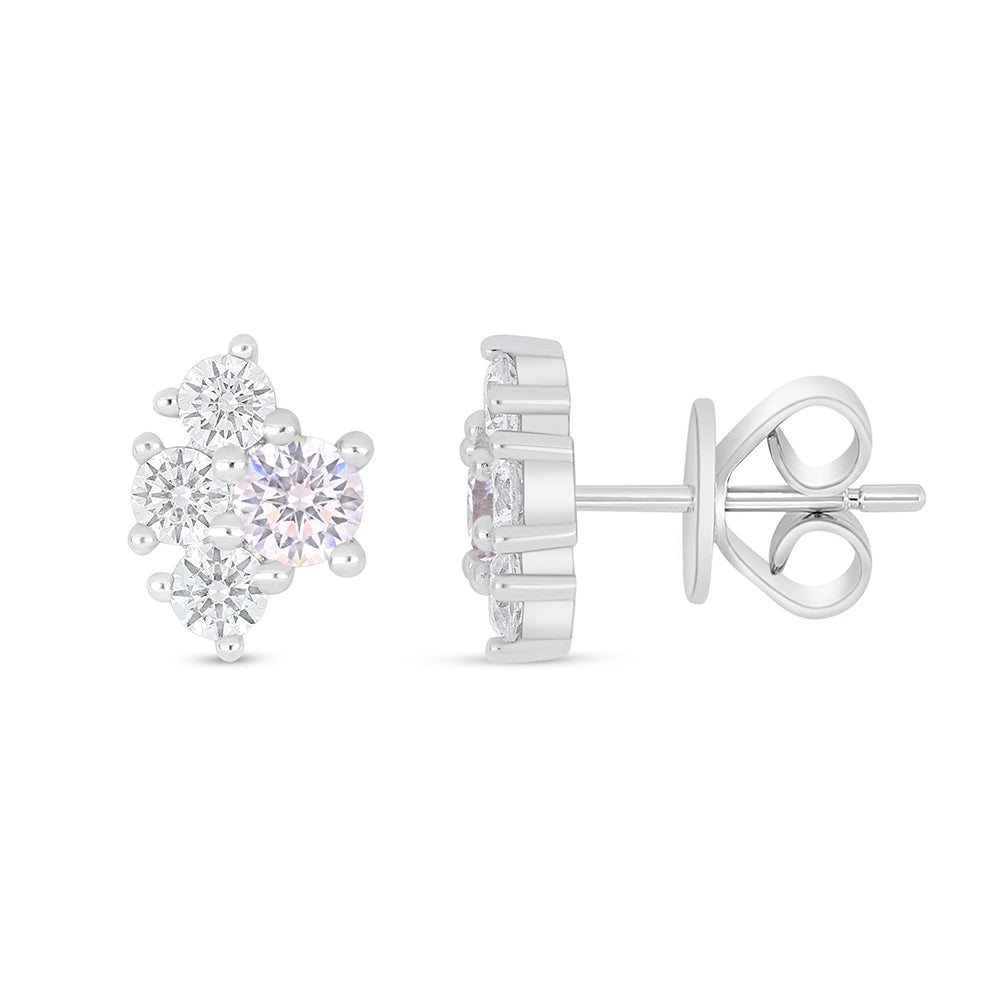 Sterling Silver 925 Earring Rhodium Plated Embedded With pink Zircon And White Zircon