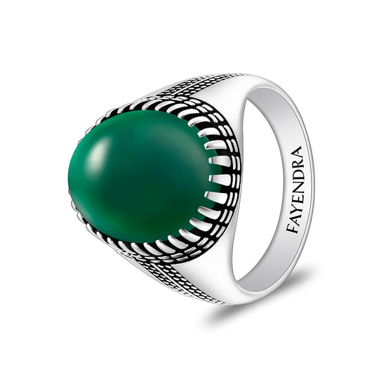 خاتم رجالي من الفضة الخالصة عيار 925 مطلي روديوم و اسود مرصع عقيق جاد اخضر كابشون