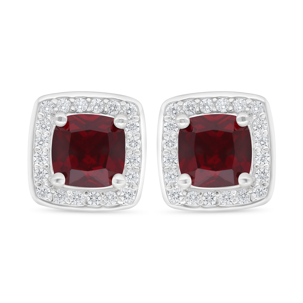 Sterling Silver 925 Earring Rhodium Plated Embedded With Ruby Corundum And White Zircon
