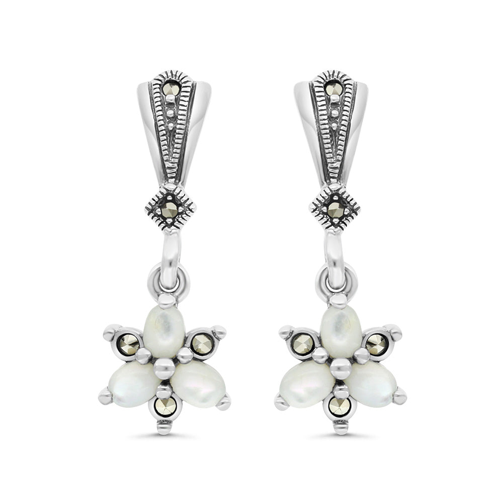 Sterling Silver 925 Earring Embedded With Natural White Shell And Marcasite Stones