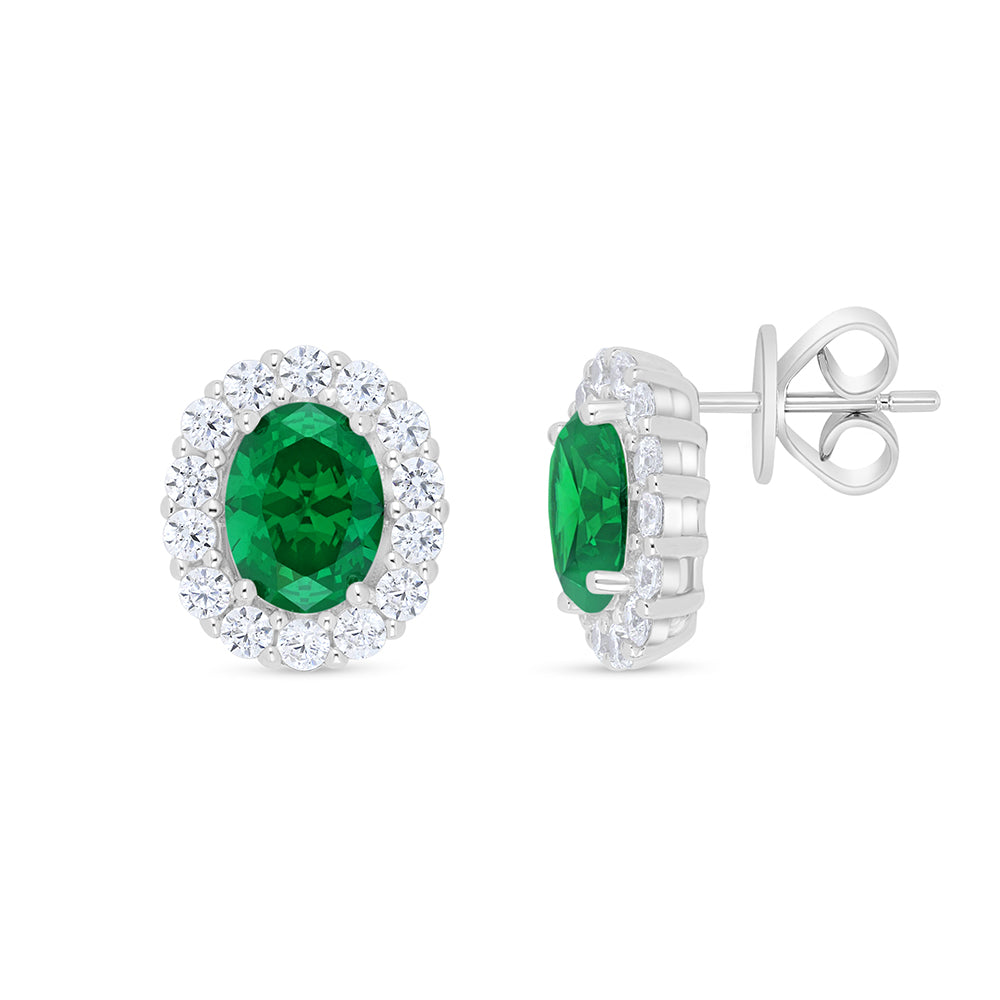 Sterling Silver 925 Earring Rhodium Plated Embedded With Emerald Zircon And White Zircon