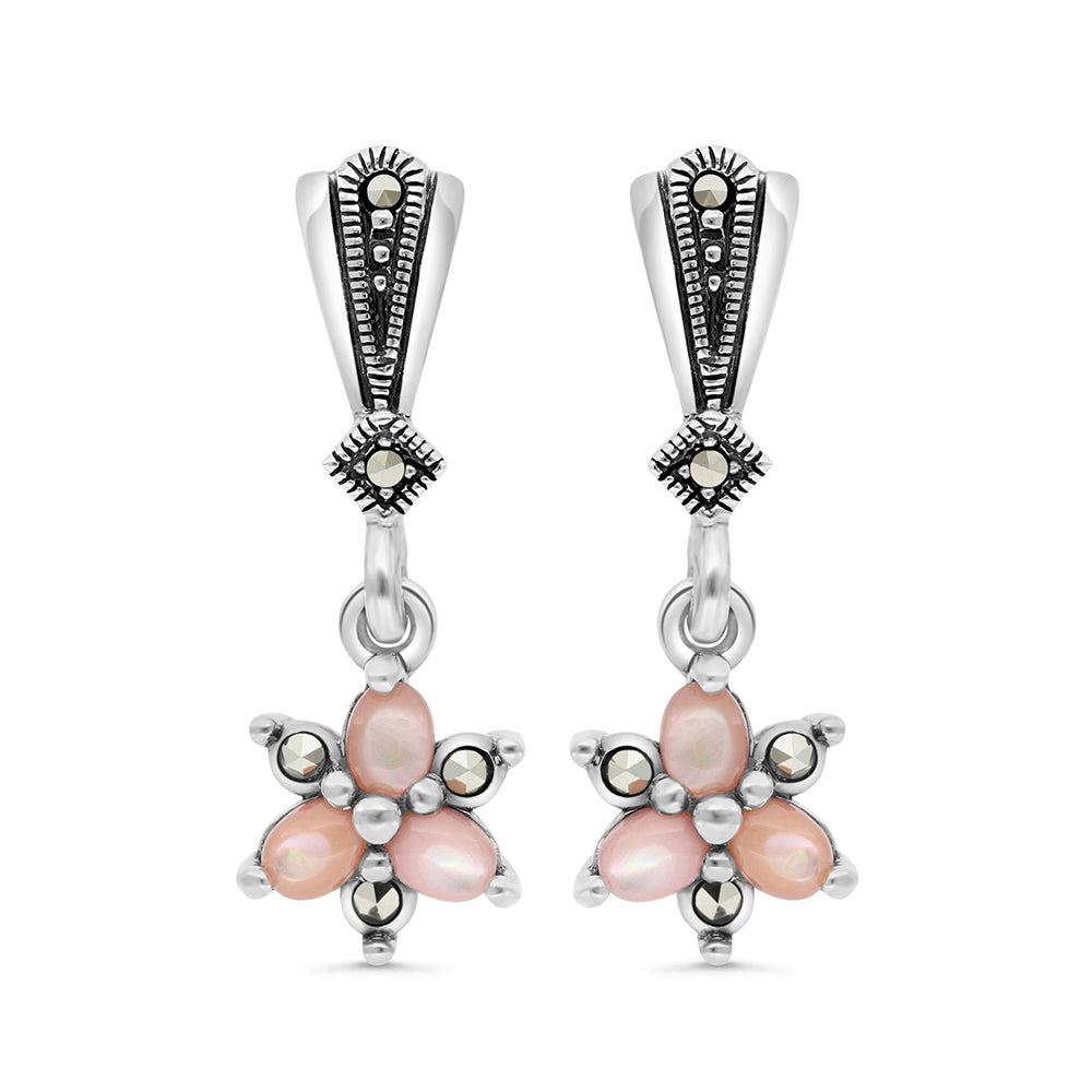 اقراط من الفضة الخالصة عيار 925 مرصعه احجار صدف وردي طبيعي و ماركسايت