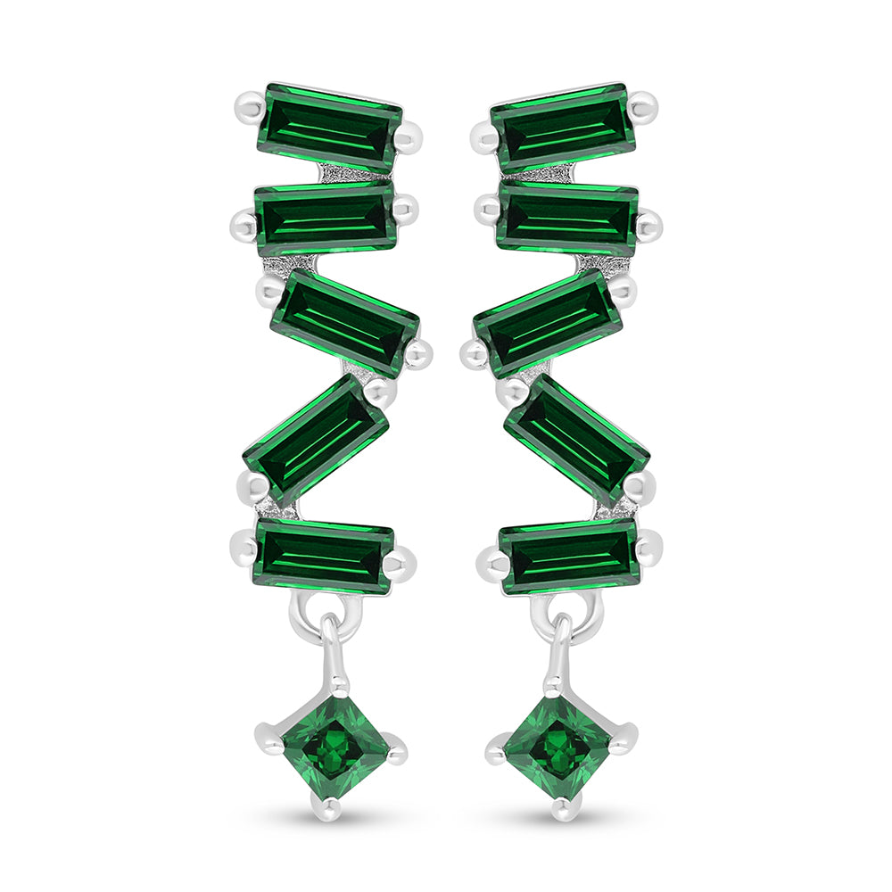 Sterling Silver 925 Earring Rhodium Plated Embedded With Emerald Zircon