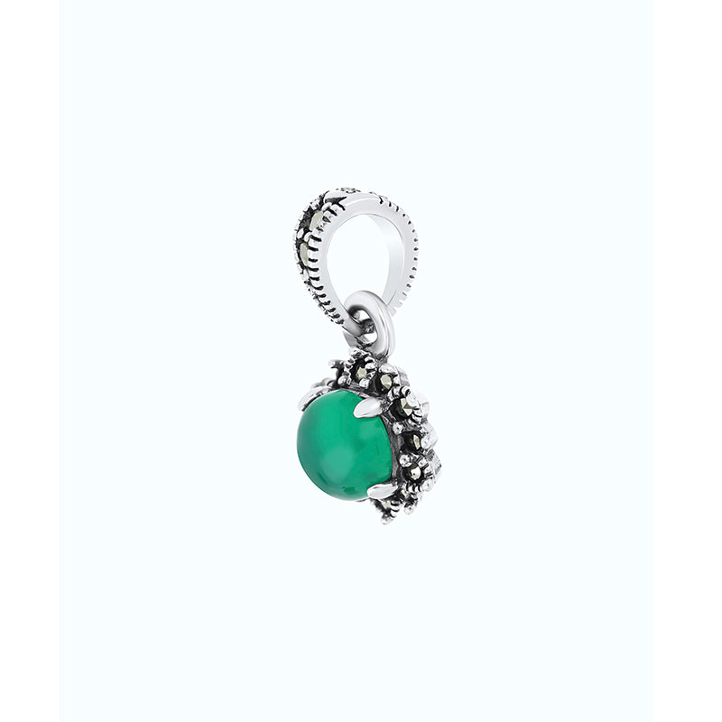 Sterling Silver 925 Pendant Embedded With Natural Green Agate And Marcasite Stones