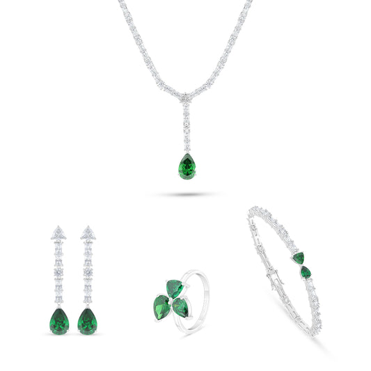 Sterling Silver 925 SET Rhodium Plated Embedded With Emerald Zircon And White Zircon