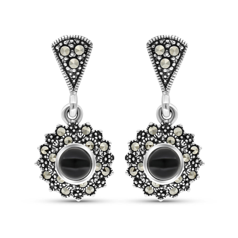 Sterling Silver 925 Earring Embedded With Natural Black Agate And Marcasite Stones