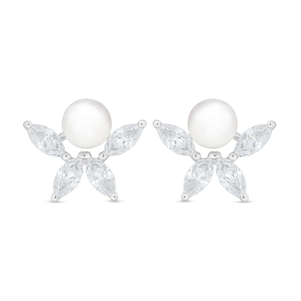 Sterling Silver 925 Earring Rhodium Plated Embedded With Natural White Pearl And White Zircon