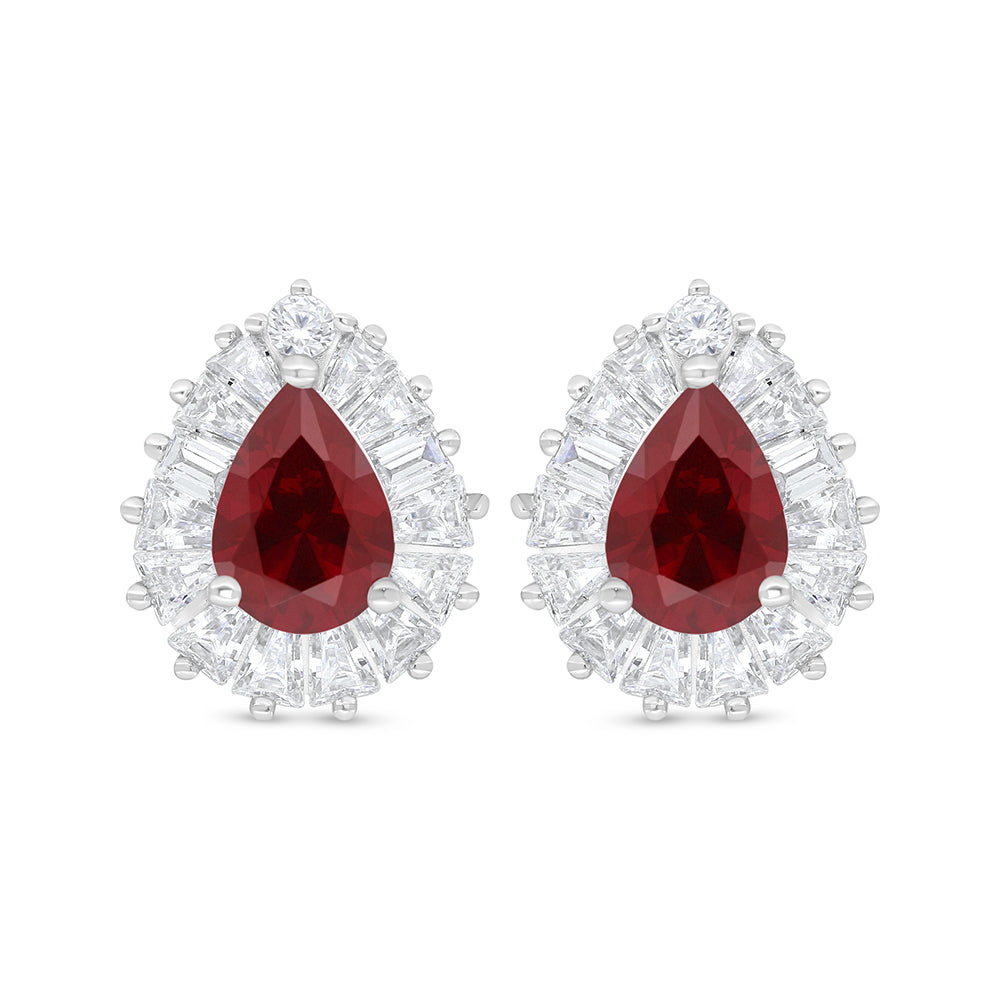 Sterling Silver 925 Earring Rhodium Plated Embedded With Ruby Corundum And White Zircon