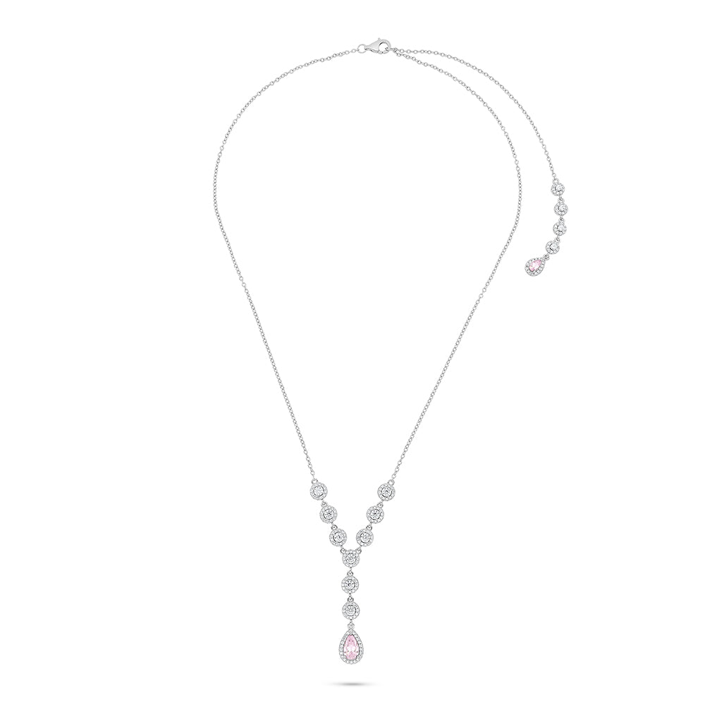 Sterling Silver 925 Necklace Rhodium Plated Embedded With Pink Zircon And White Zircon