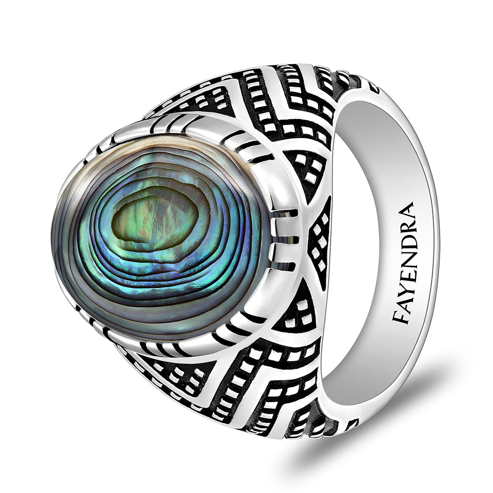 خاتم رجالي من الفضة الخالصة عيار 925 مطلي روديوم و اسود مرصع احجار صدف استرالي كابشون