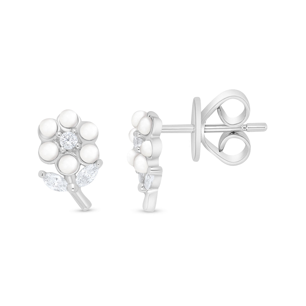 Sterling Silver 925 Earring Rhodium Plated Embedded With Natural White Pearl And White Zircon