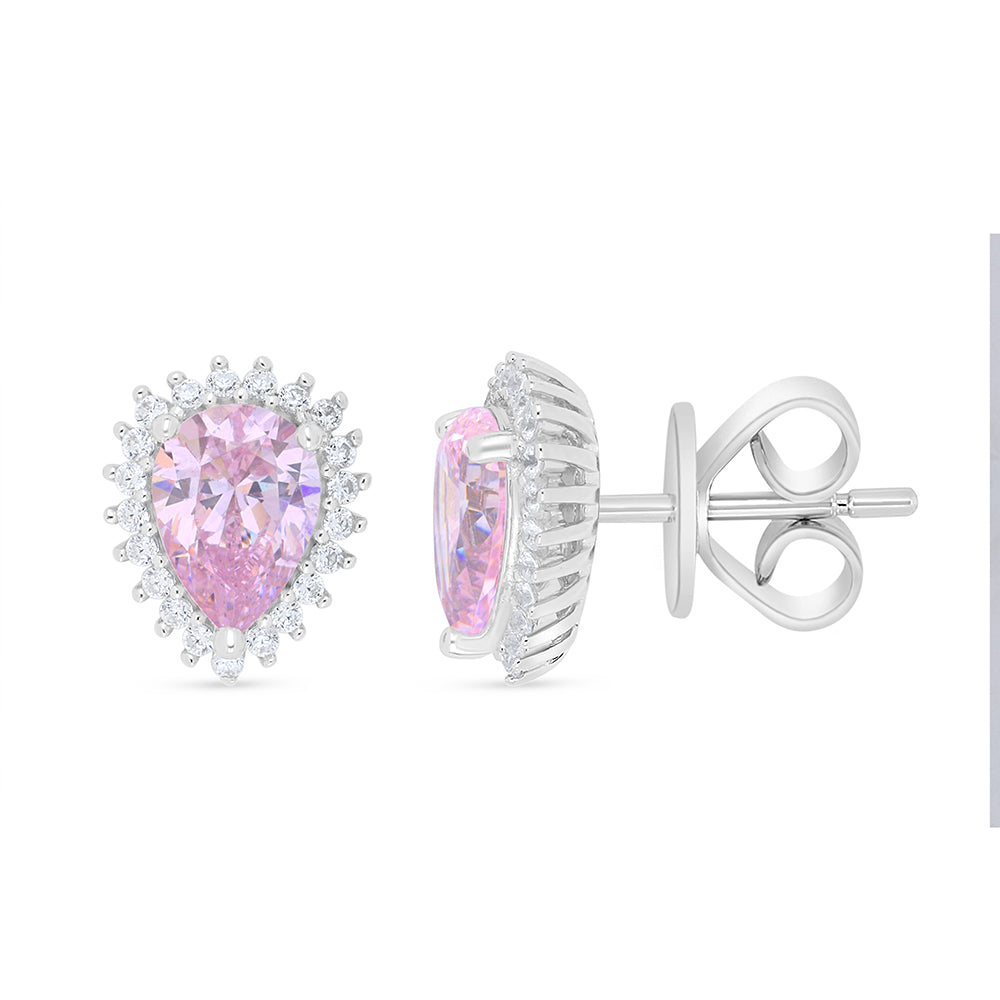 Sterling Silver 925 Earring Rhodium Plated Embedded With Pink Zircon And White Zircon