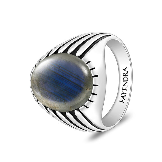 خاتم رجالي من الفضة الخالصة عيار 925 مطلي روديوم و اسود مرصع لابرادوريت اوبالي كابشون