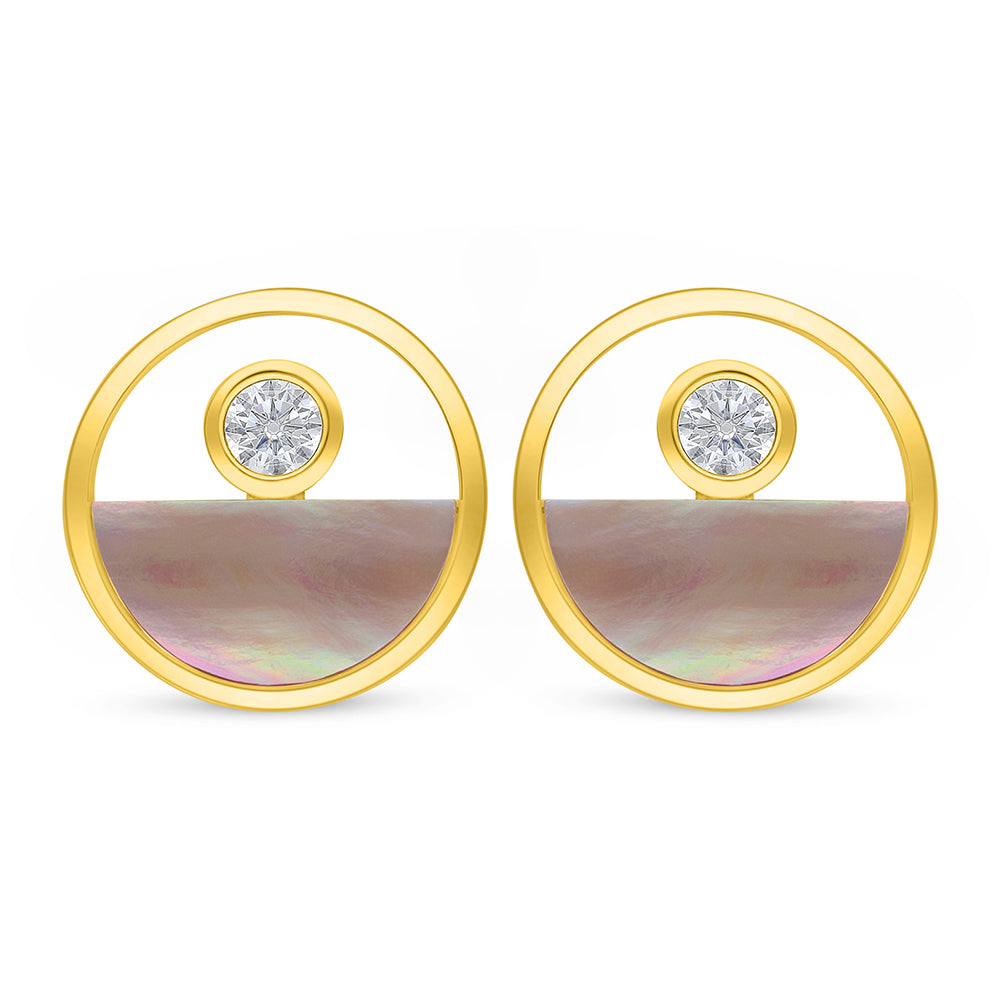 Sterling Silver 925 Earring Golden Plated Embedded With Pink Shell And White Zircon