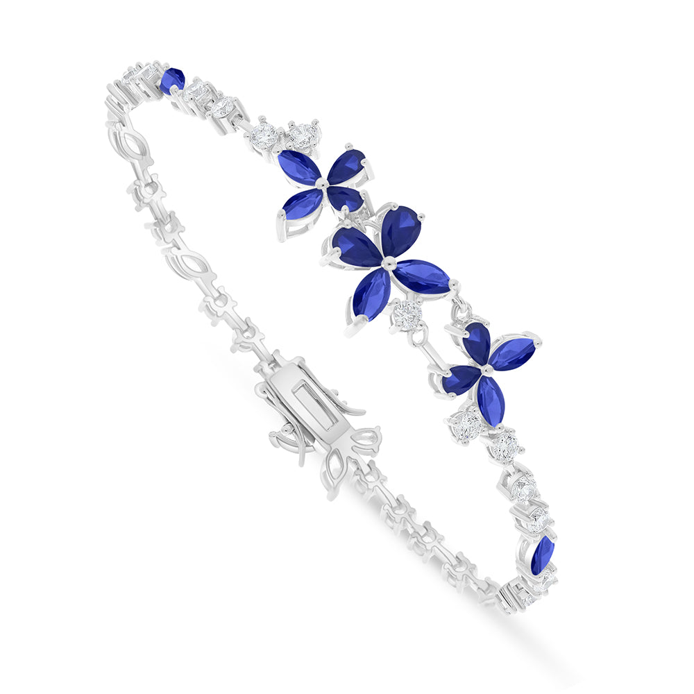 Sterling Silver 925 Bracelet Rhodium Plated Embedded With Sapphire Corundum And White Zircon