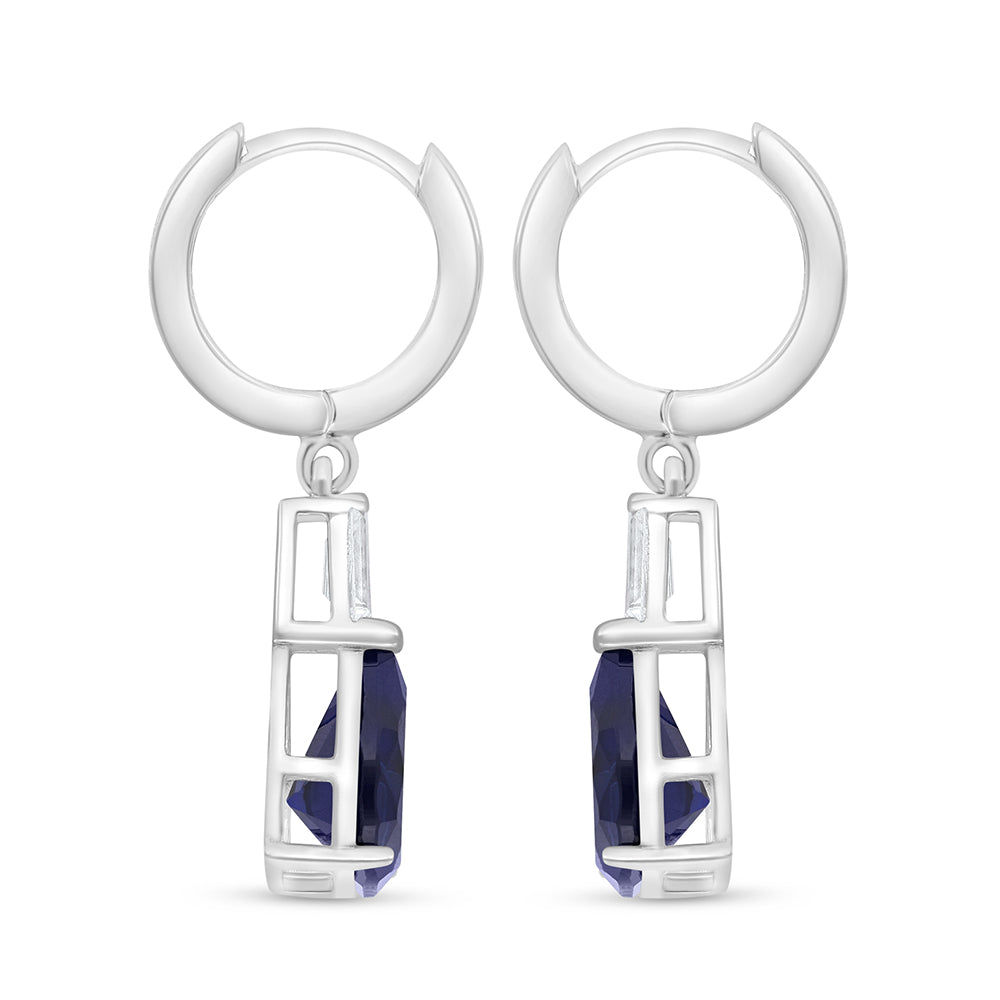 Sterling Silver 925 Earring Rhodium Plated Embedded With Sapphire Corundum And White Zircon