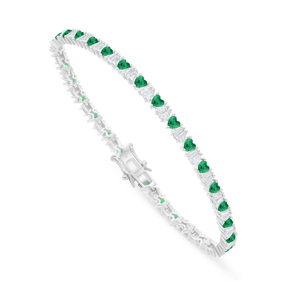 Sterling Silver 925 Bracelet Rhodium Plated Embedded With Emerald Zircon And White Zircon