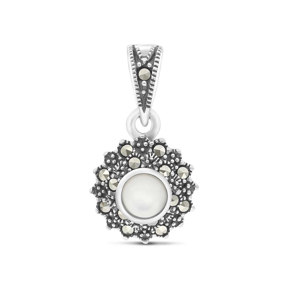 Sterling Silver 925 Pendant Embedded With Natural White Shell And Marcasite Stones