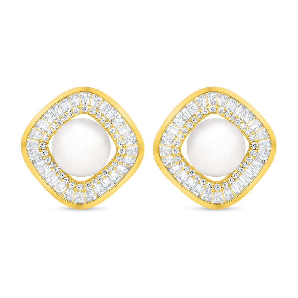 Sterling Silver 925 Earring Golden Plated Embedded With Natural White Pearl And White Zircon