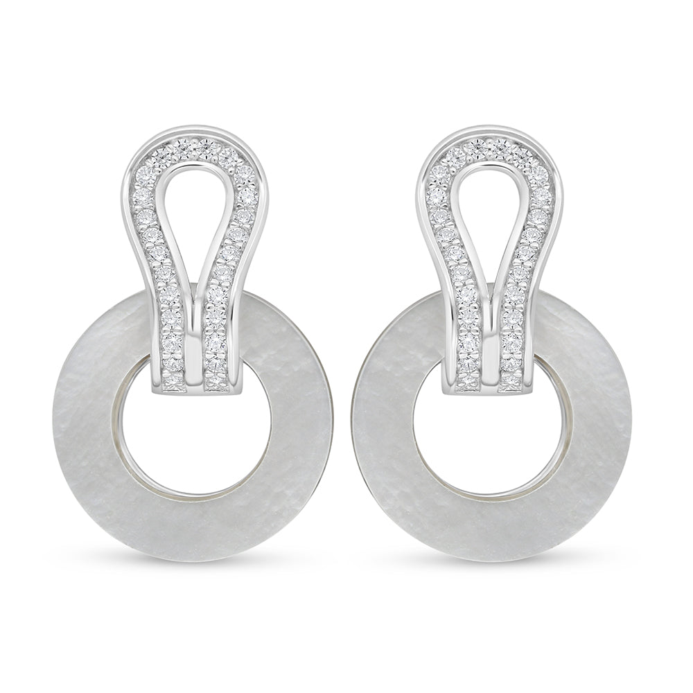 Sterling Silver 925 Earring Rhodium Plated Embedded With White Shell And White Zircon