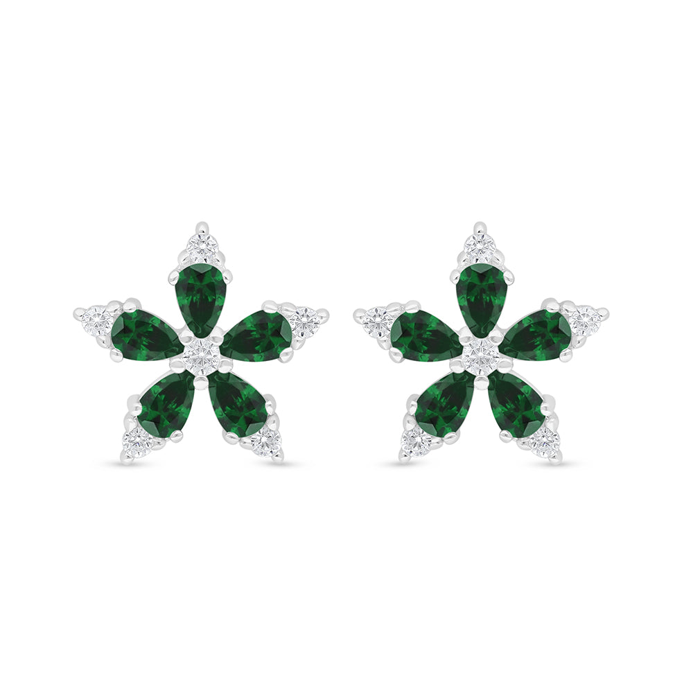 Sterling Silver 925 Earring Rhodium Plated Embedded With Emerald Zircon And White Zircon