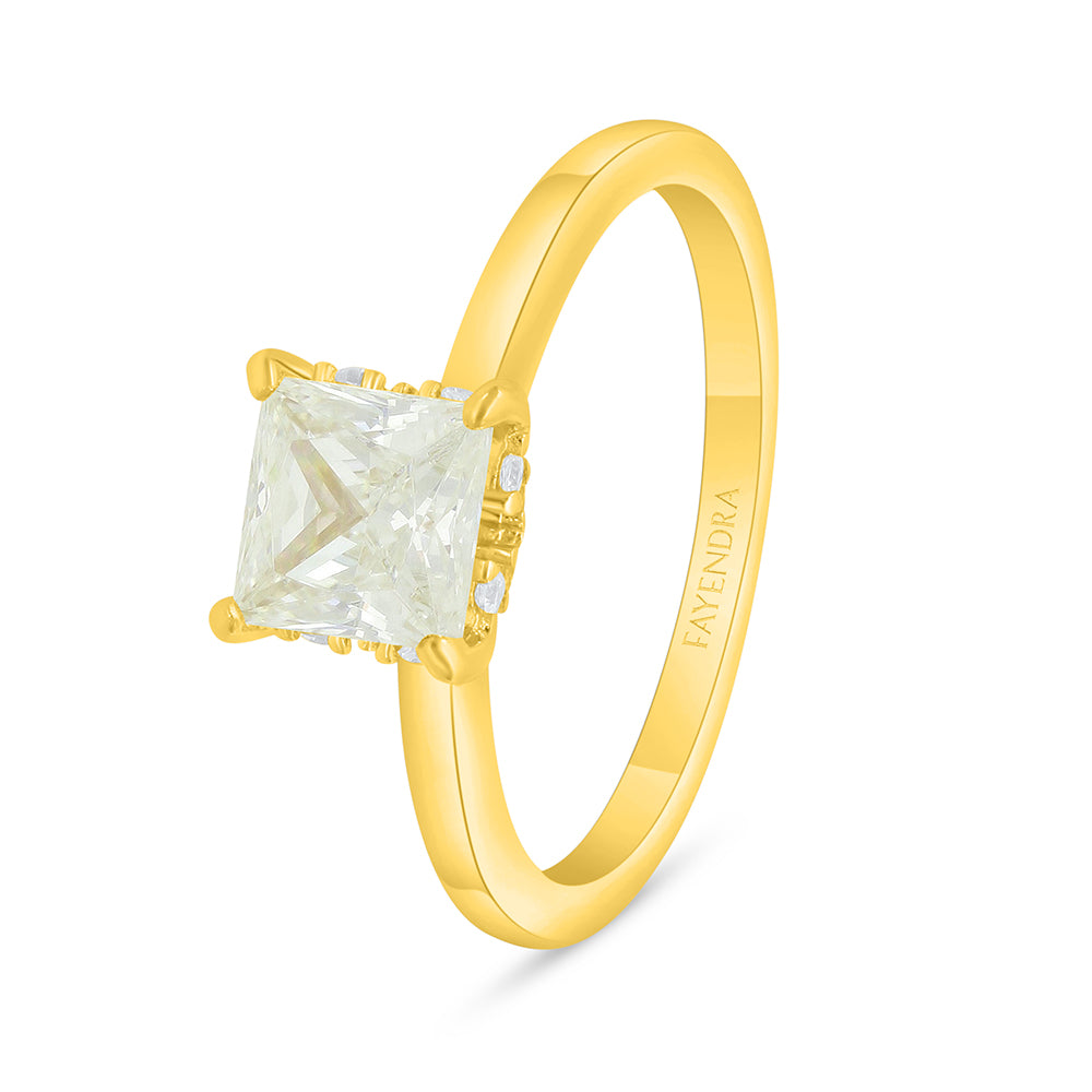 Sterling Silver 925 Ring Golden Plated Embedded With Yellow Diamond And White Zircon