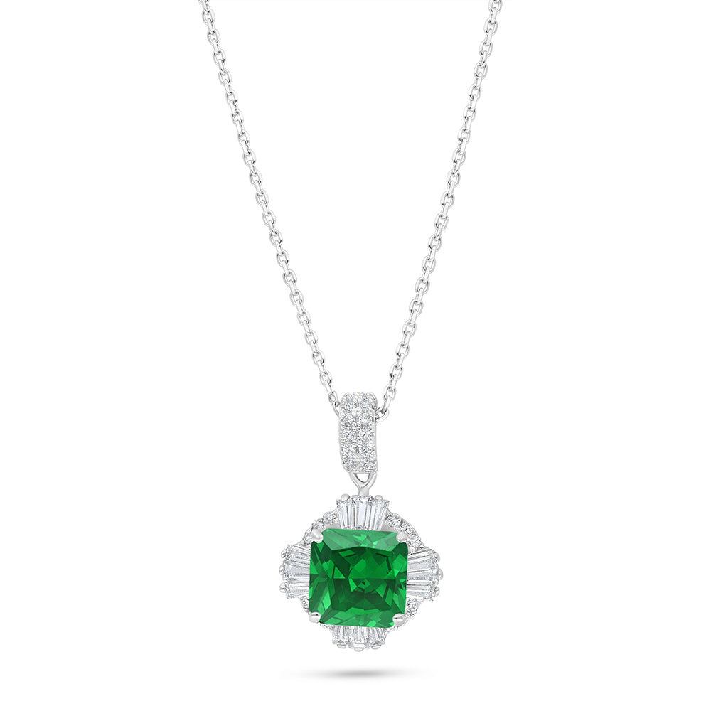 Sterling Silver 925 Necklace Rhodium Plated Embedded With Emerald Zircon And White Zircon