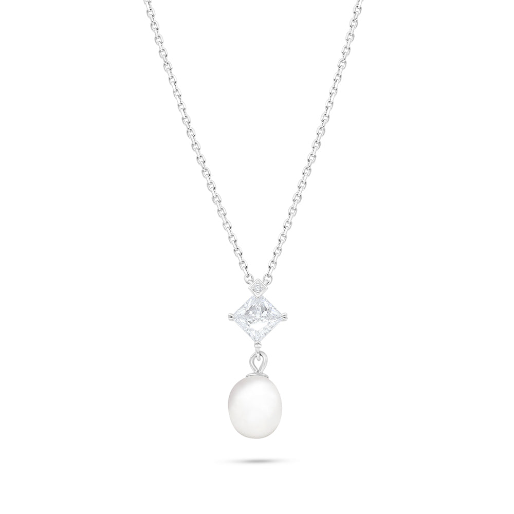 عقد من الفضة الخالصة عيار 925 مطلي روديوم مرصع لولو ابيض طبيعي و فص ابيض