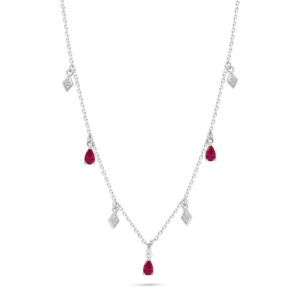 Sterling Silver 925 Necklace Rhodium Plated Embedded With Ruby Corundum And White Zircon