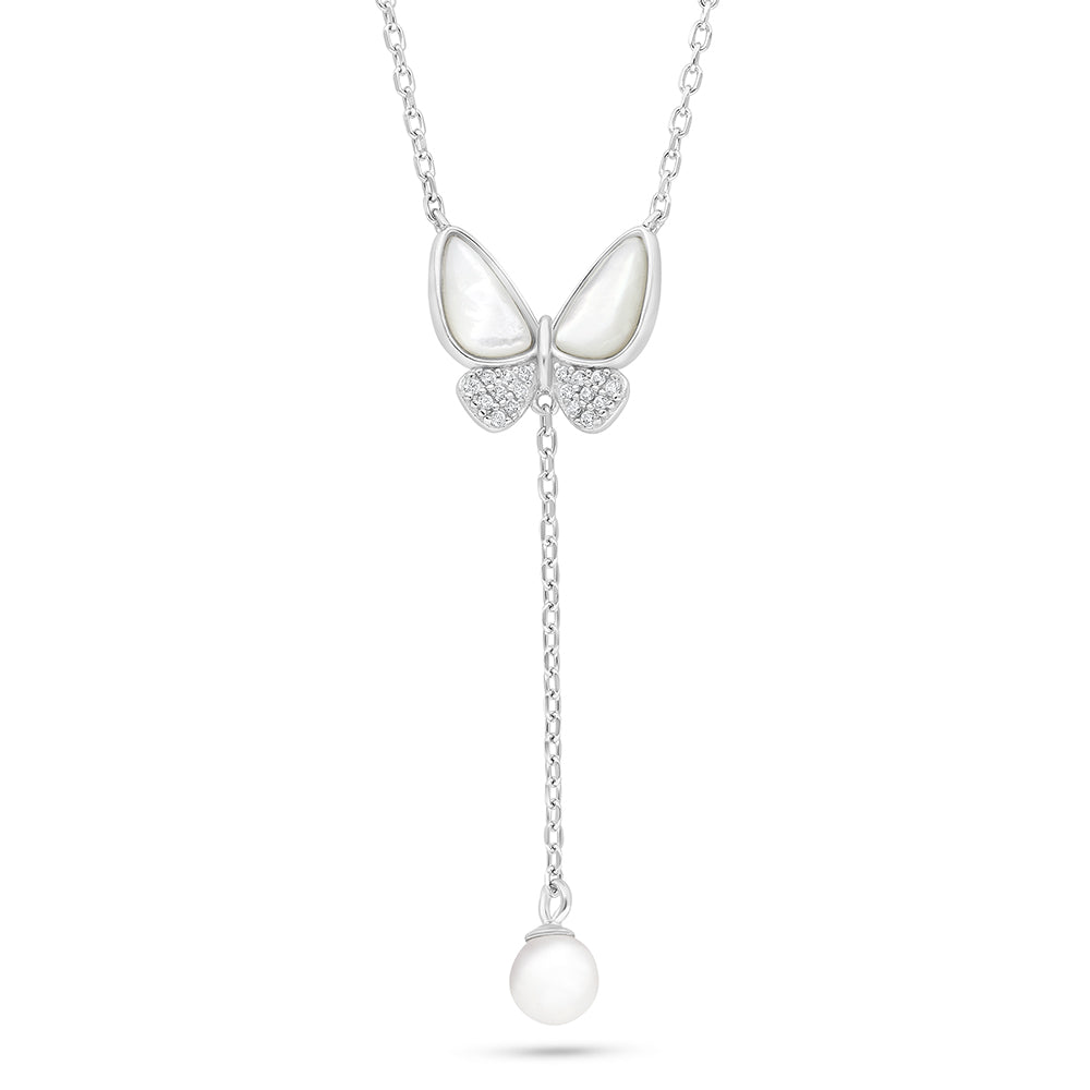 Sterling Silver 925 Necklace Rhodium Plated Embedded With Natural White Pearl And White Shell And White Zircon