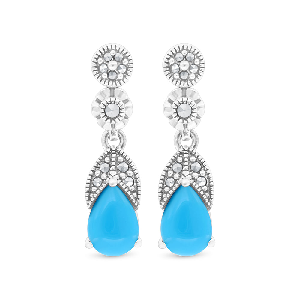 Sterling Silver 925 Set Embedded With Natural Processed Turquoise And Marcasite Stones