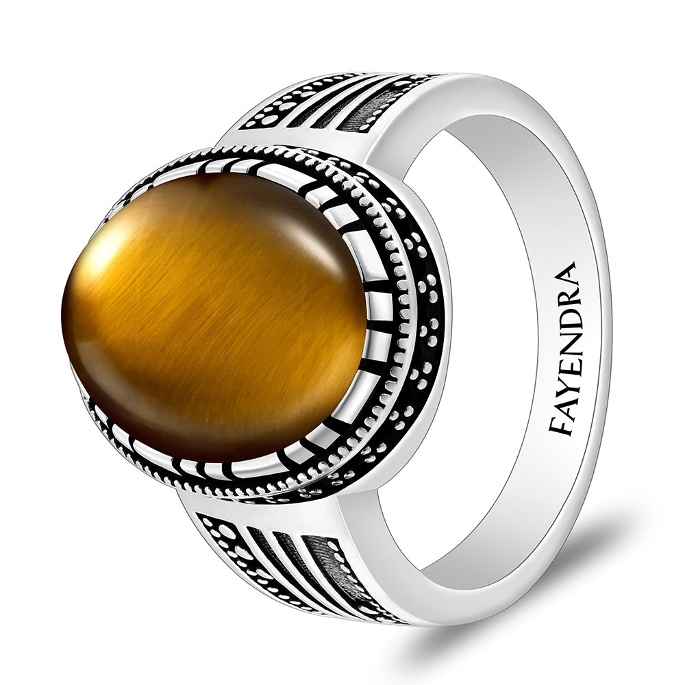 خاتم رجالي من الفضة الخالصة عيار 925 مطلي روديوم و اسود مرصع احجار عين النمر اصفر كابشون