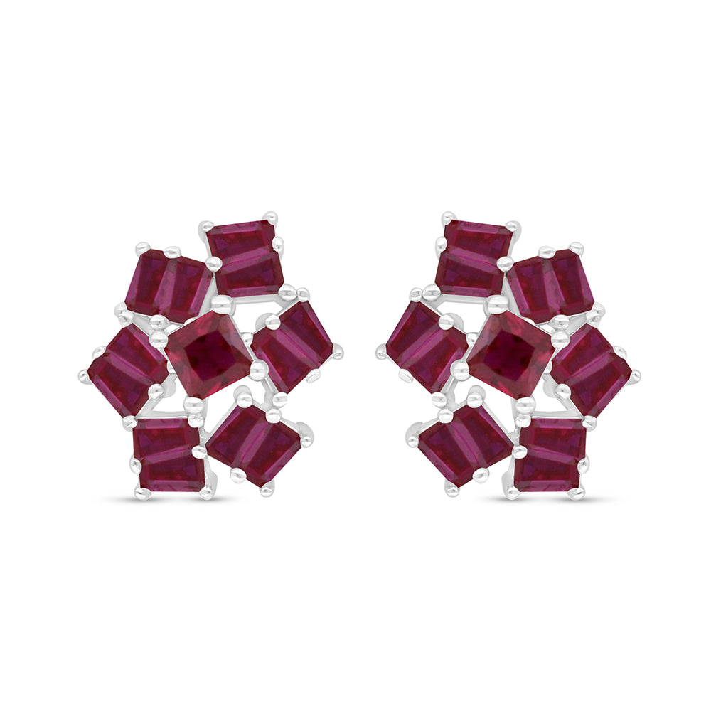 Sterling Silver 925 Earring Rhodium Plated Embedded With Ruby Corundum
