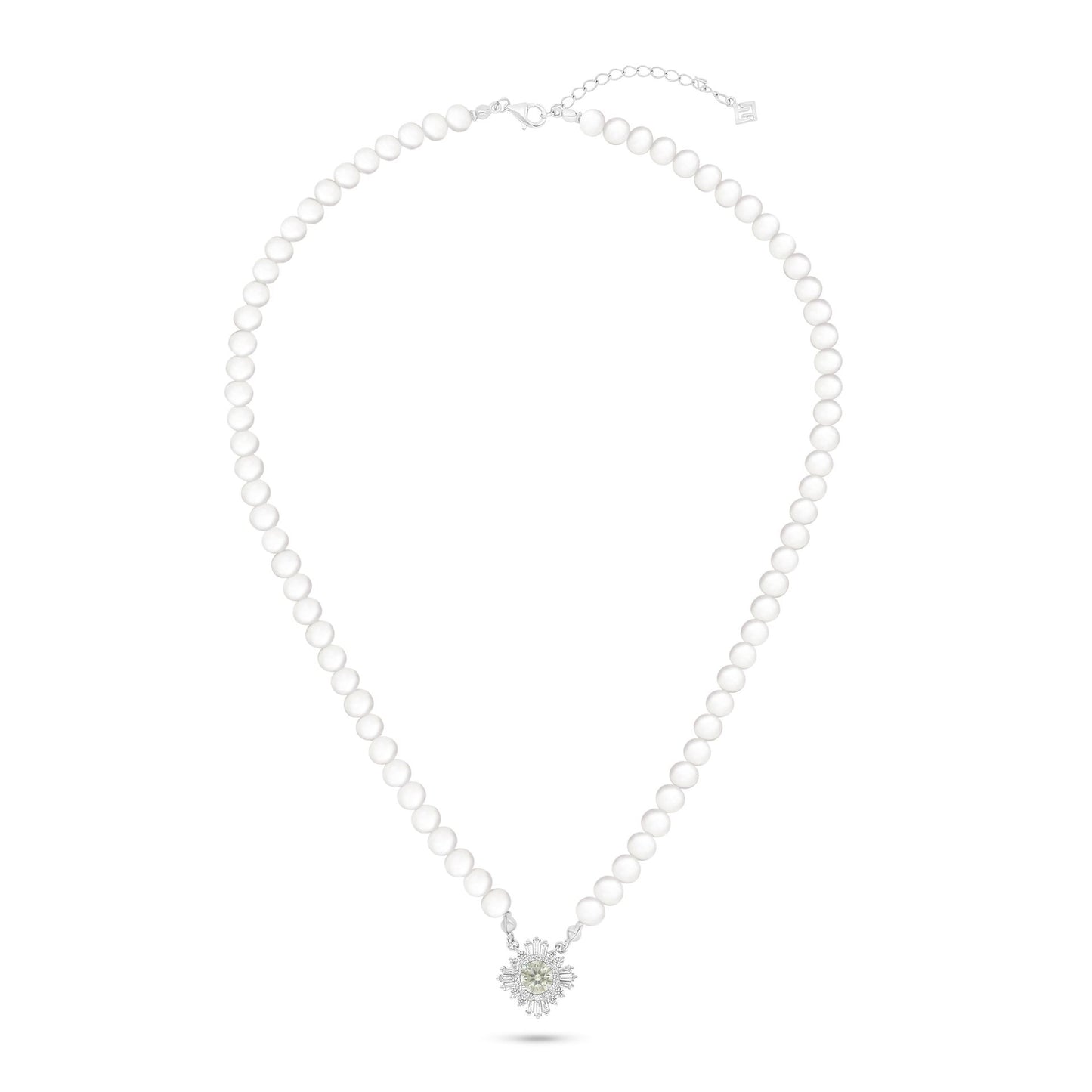 Sterling Silver 925 Necklace Rhodium Plated Embedded With Natural White Pearl, Diamond Zircon And White Zircon
