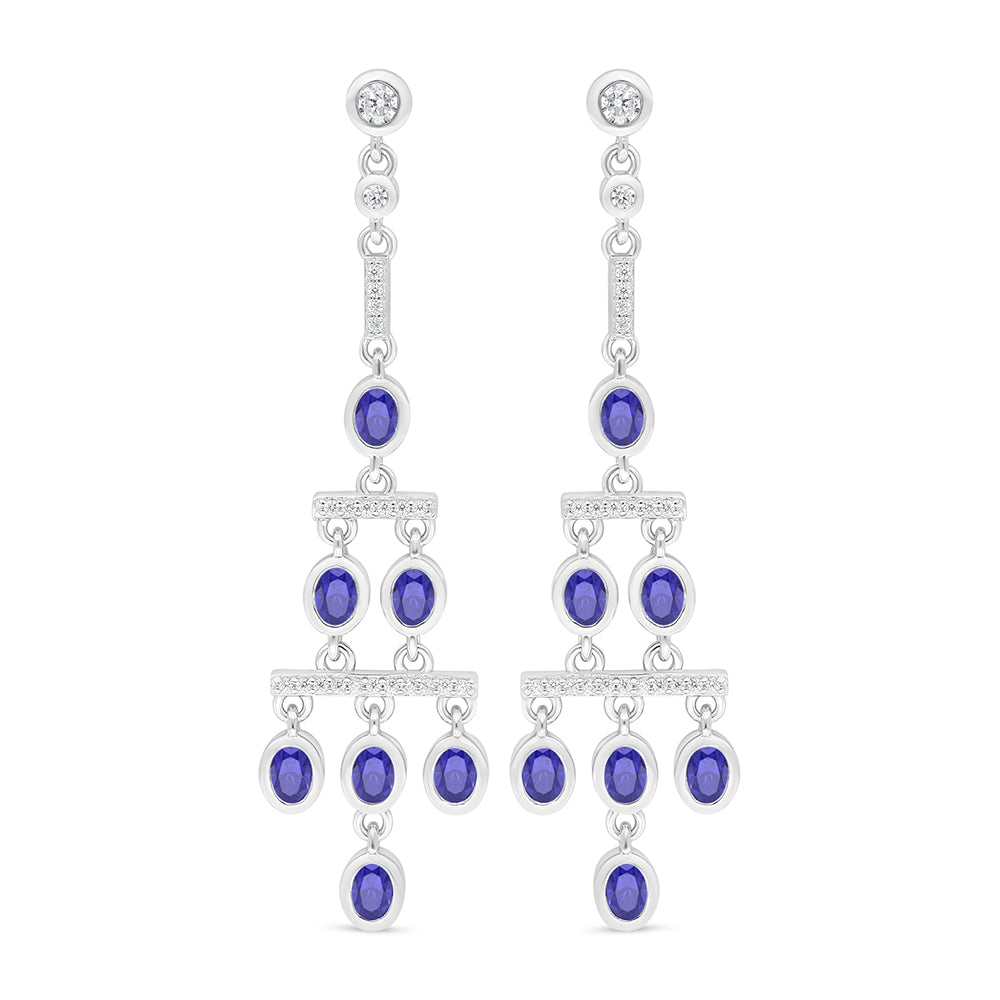 Sterling Silver 925 Earring Rhodium Plated Embedded With Sapphire Corundum And White Zircon