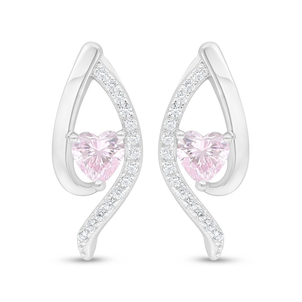 Sterling Silver 925 Earring Rhodium Plated Embedded With Pink Zircon And White Zircon