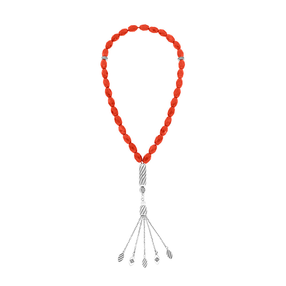 Rosary 33 Sterling Silver 925 Set Oxidized Decorated Embedded With Liver Red Agate Olive Cat 12-08 mm LOGO