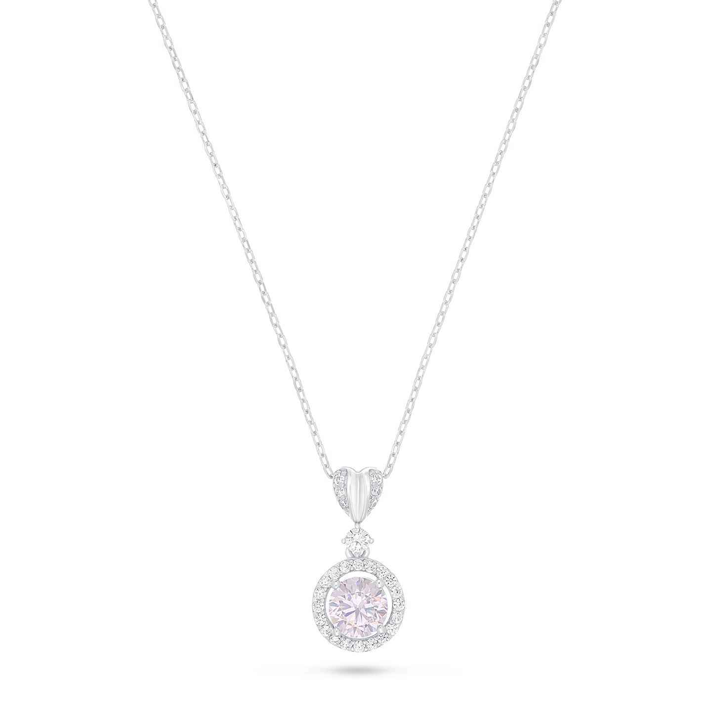 Sterling Silver 925 Necklace Rhodium Plated Embedded With Pink Zircon And White Zircon