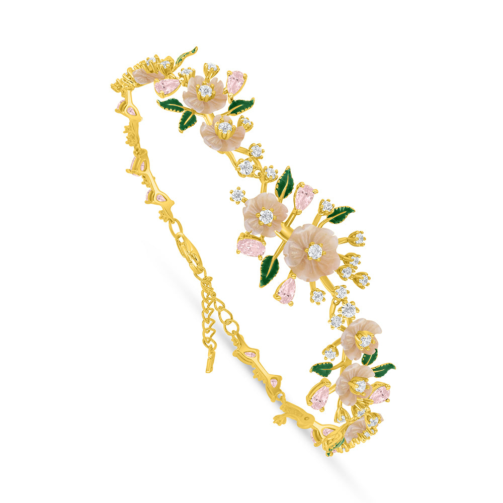 اسورة من الفضة الخالصة عيار 925 مطلية ذهبي مرصعة صدف وردي و زركون بنك