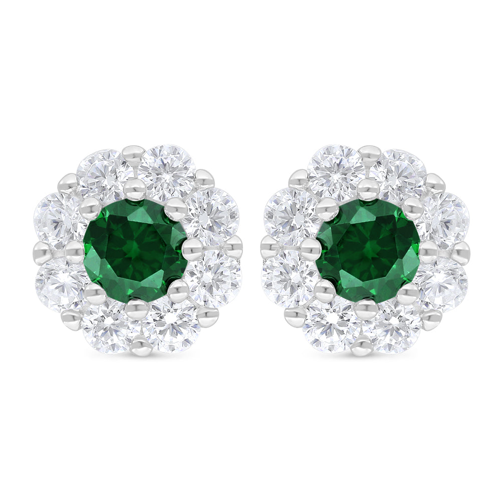 Sterling Silver 925 Earring Rhodium Plated Embedded With Emerald Zircon And White Zircon
