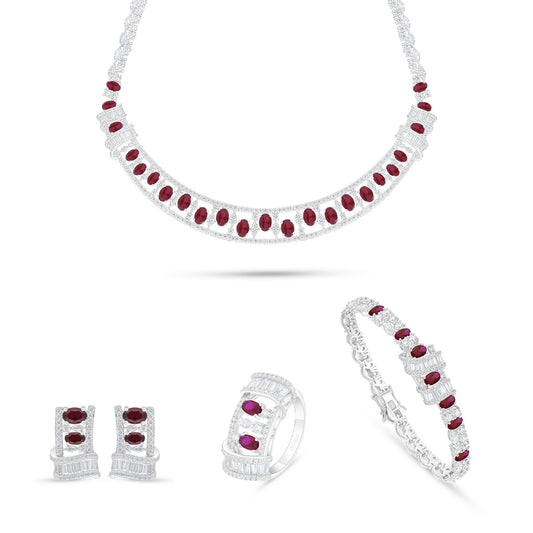 Sterling Silver 925 SET Rhodium Plated Embedded With Ruby Corundum And White Zircon