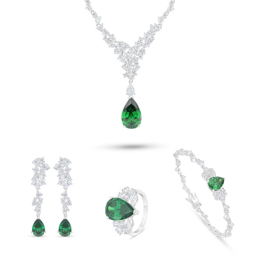 Sterling Silver 925 SET Rhodium Plated Embedded With Emerald Zircon And White Zircon