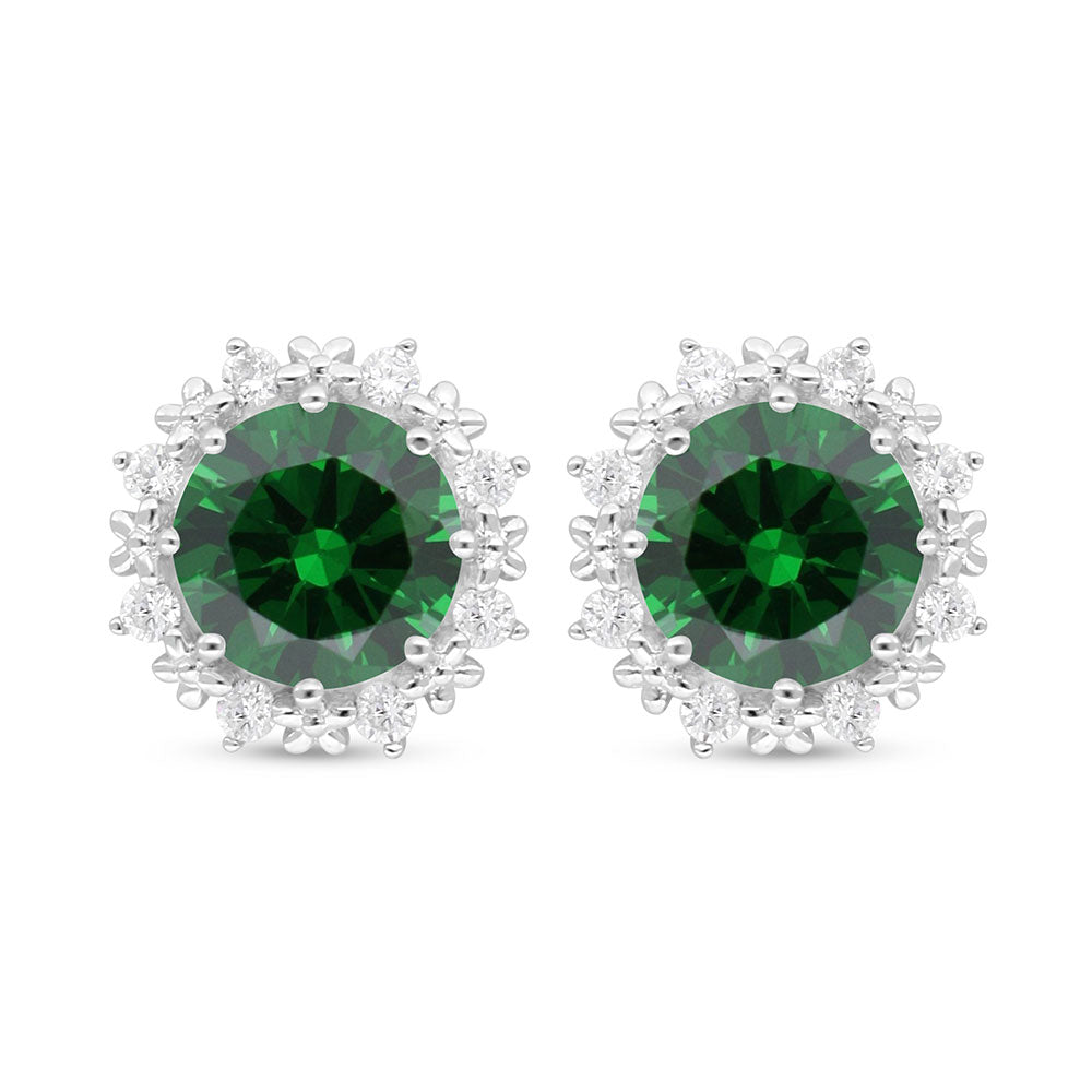Sterling Silver 925 Earring Rhodium Plated Embedded With Emerald Zircon And White Zircon