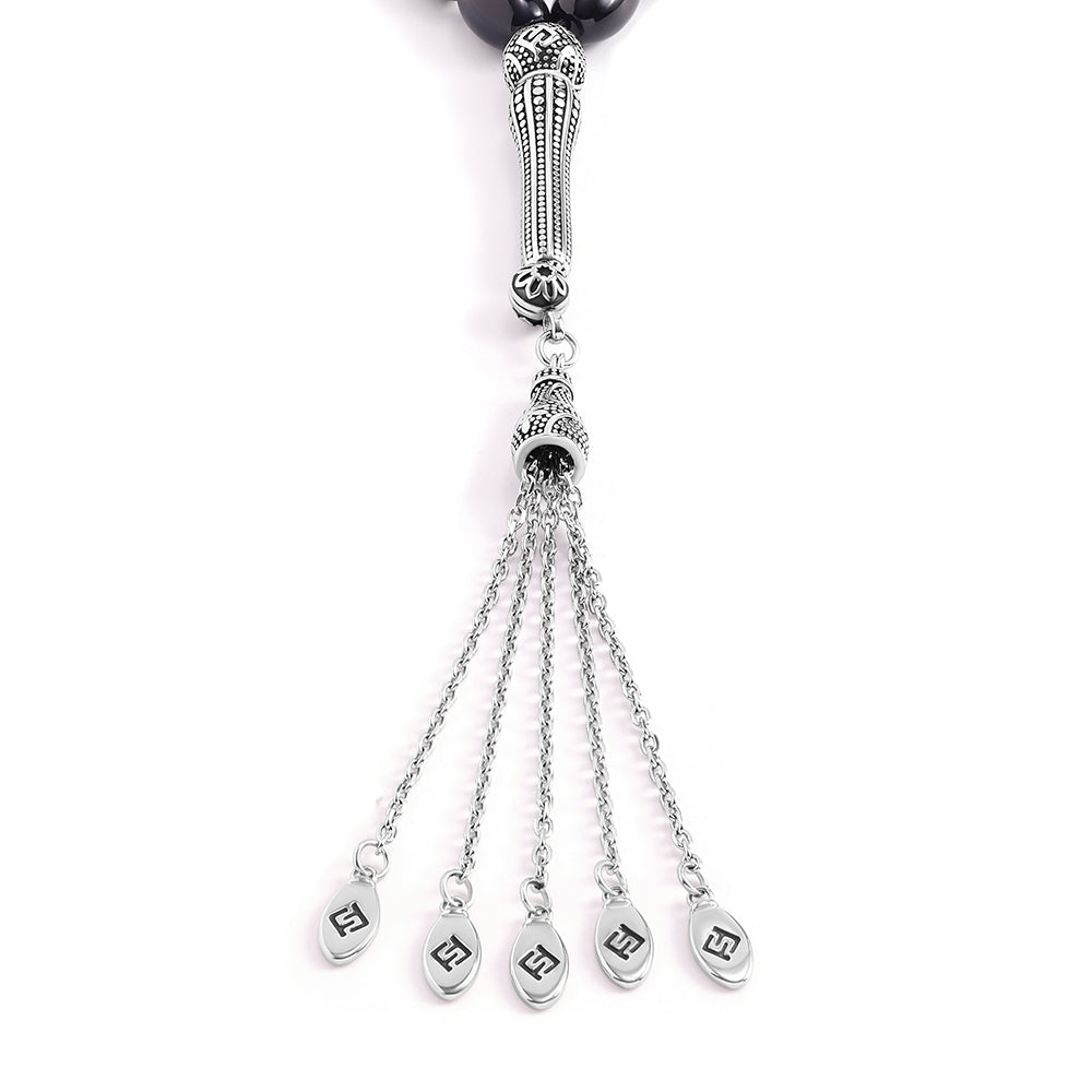 Rosary 33 Black Agete Olive Cabochon Beads 8*12 mm With Stainless Steel 316L Set Silver And Black Plated
