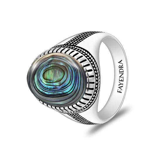 خاتم رجالي من الفضة الخالصة عيار 925 مطلي روديوم و اسود مرصع صدف استرالي كابشون