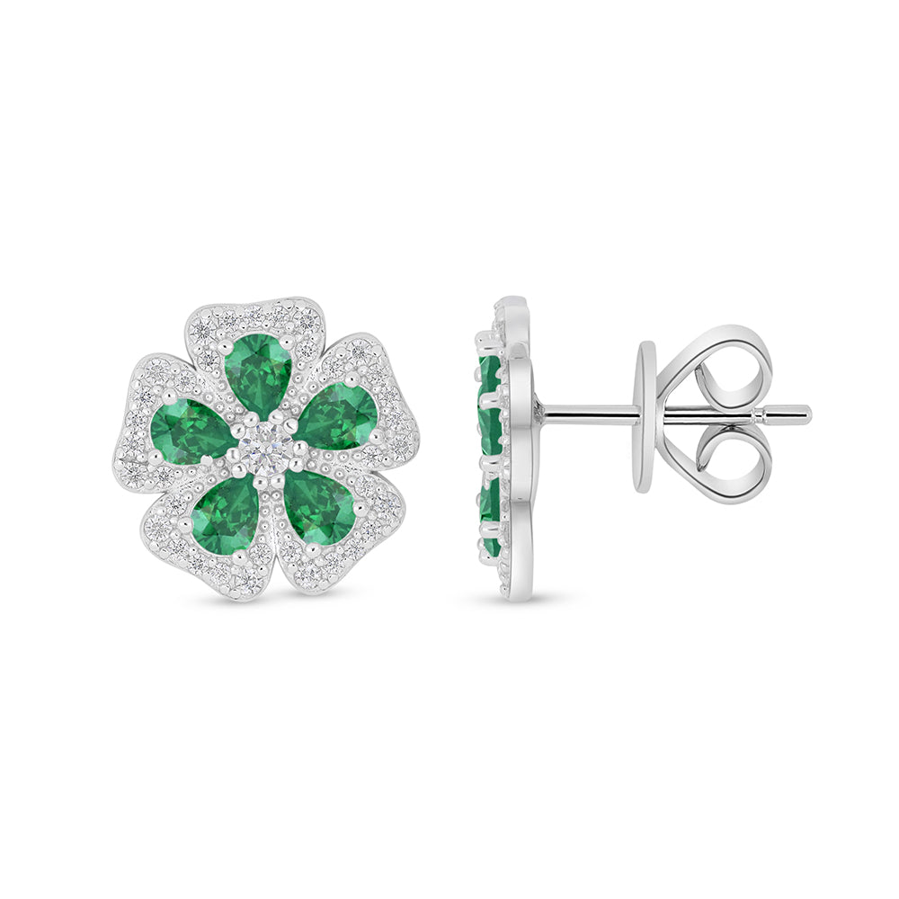 Sterling Silver 925 Earring Rhodium Plated Embedded With Emerald Zircon And White Zircon