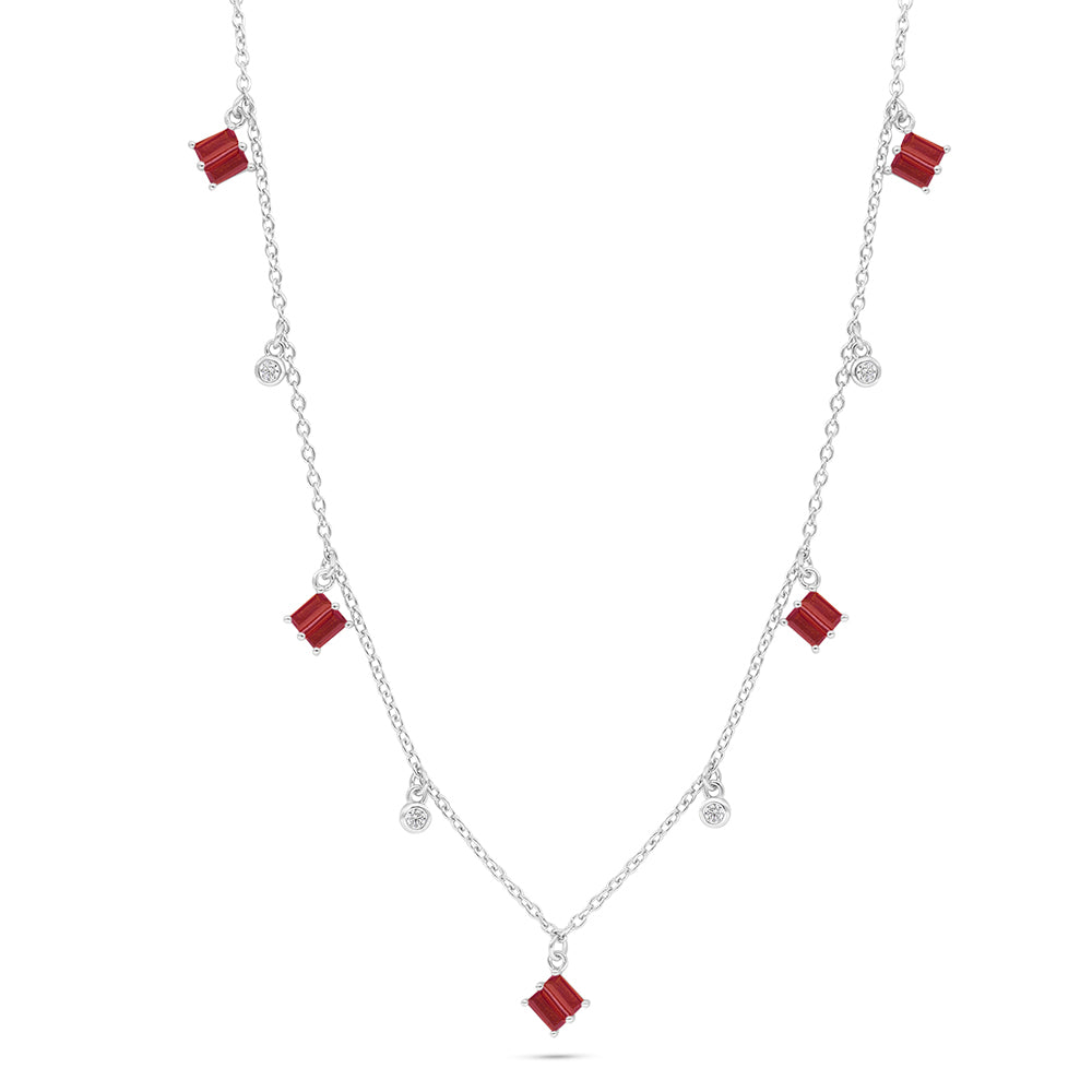 Sterling Silver 925 Necklace Rhodium Plated Embedded With Ruby Corundum And White Zircon